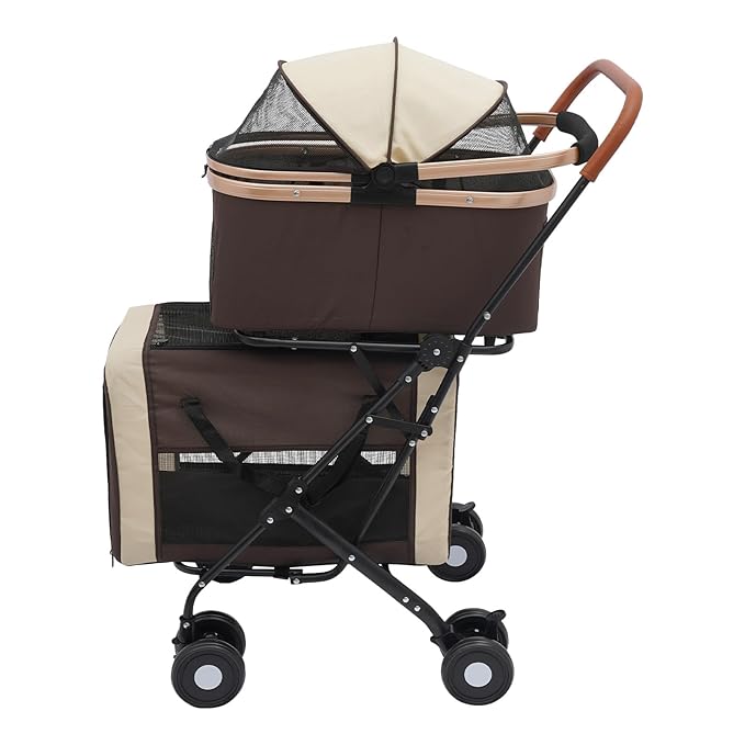 Double Dog Stroller with 4 Wheels, Foldable 3-in-1 Cat Pet Stroller with 2 Detachable Carriers,Reversible Handle, Steel Frame, Safety Belt for Small Medium Dogs Cats(Coffee Color)