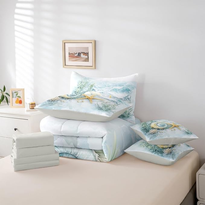 Erosebridal Shell Coral Starfish 7-Piece Bedding Set for Kids, Blue Ocean Coastal Theme Twin Comforter Set with Sheets, Summer Beach Nautical Bed in A Bag, Sea Waves Ocean Life Bed Sets - Image 5