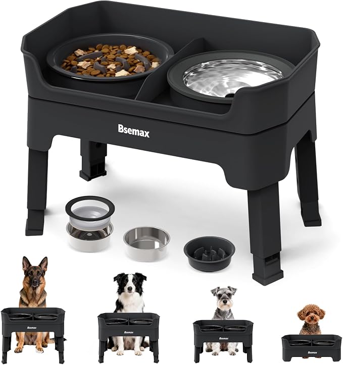 4 in 1 Adjustable Elevated Dog Bowls with 2*Stainless Steel Bowls, Anti-Spill Water Bowl, 4 Heights Raised Dog Bowl Stand for Small to Medium & Growing Large Puppies, Anti-Slip, Mess Proof Design by Bsemax