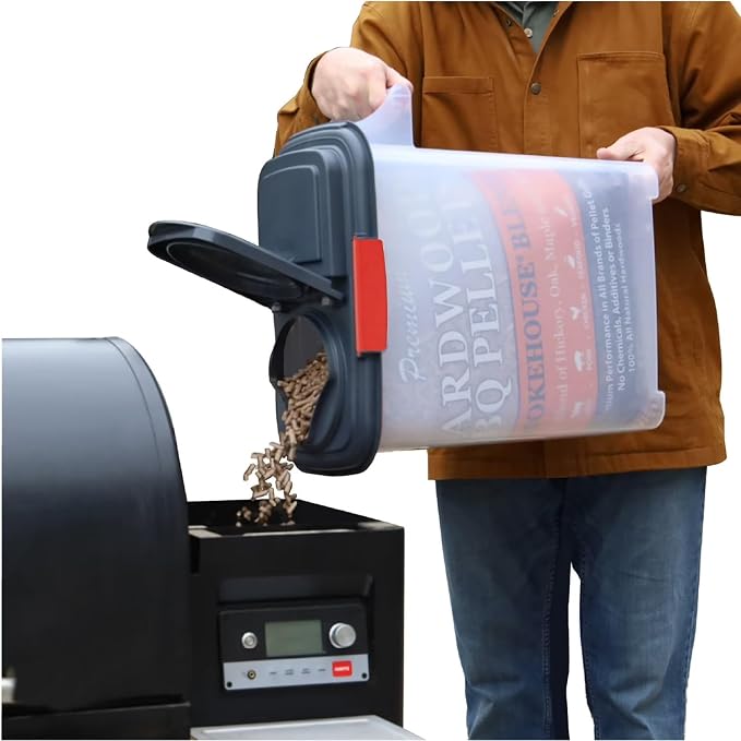 BEN & JANE 40lb Pellet Storage Dispenser - Made in USA, BPA-Free Food Safe Container for Dog & Cat Food, Birdseed, Charcoal & Potting Soil - Weatherproof Stackable Bin with Pour Spout & Locking Lid - Image 2