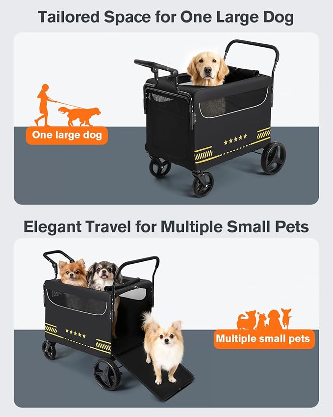 All Terrain Pet Stroller for Medium & Large Dogs with Ramp, Foldable Dog Stroller with Brakes, 3 Entrances, Dual Adjustable Handles with Reversible Push, 160lbs Weight Capacity