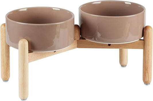 Havniva Elevated Dog Bowls Ceramic Dog Bowls with Stand, Dog Food Bowl | 7.3” Raised Dog Bowls with Non-Slip Wood Stand, Dog Food and Water Bowl Set, Double Dog Feeding Bowls for Medium Dogs by Havniva