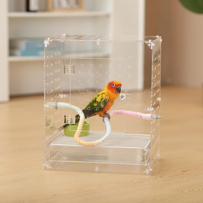 Clear Acrylic Bird Cage for Small Birds, Transparent Display Habitat for Canary, Parakeet - Easy to Clean & Assemble (9x12x15in) - Image 7
