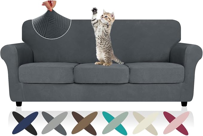 ZNSAYOTX 4 Piece Stretch Sofa Covers (71"-91"), Thick Striped Couch Covers for 3 Cushion Sofa with Elastic Band Bottom Ties Non-Slip Stay in Place, Soft Durable Washable Couch Slipcovers, Dark Grey by ZNSAYOTX