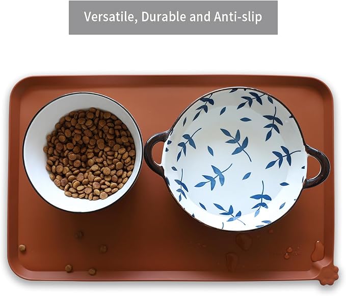 Hoki Found Silicone Pet Food Tray - Non Slip Pet Dog Bowl Mats - Cat Waterproof Mat for Carpet - Caramel - Image 4