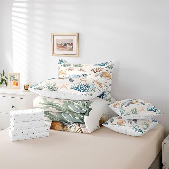 Erosebridal Cartoon Sea Turtle Comforter Set with Sheets Twin Size, Ocean Animal Tortoise Bed in A Bag, Underwater World Sea Animal 7 Pieces Bedding Set, Kawaii Starfish Bedding Comforter Sets - Image 5