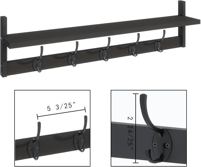 BAMEOS Wall-Mounted Shelf with Hooks - 28.9 Inch Entryway Hanging Shelf with 5 Dual Hooks for Bathroom, Living Room, Bedroom (Black) - Image 7