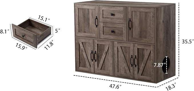 Forest Gravity Large Dog-Proof Double Cat Litter Box Enclosure with Storage for 2 Cats,Cat Washroom Cabinet with 2 Drawers,47.6'' Modern Dual Litter Box Furniture Cabinet with Compartments,Grey - Image 4