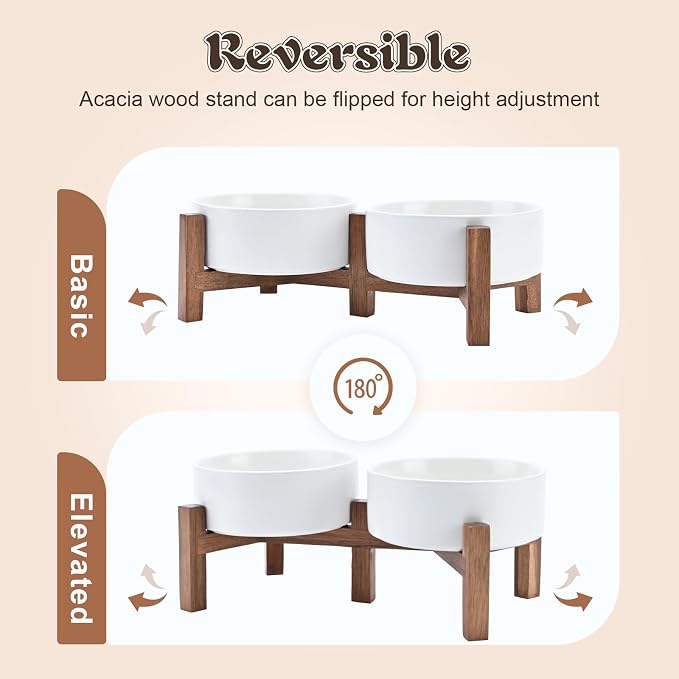 SPUNKYJUNKY Ceramic Dog Bowls with Acacia Wood Stand - Raised Dog Food and Water Bowl Set for Small Dogs (13.52 OZ, White) - Image 3