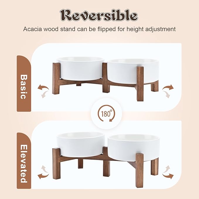 SPUNKYJUNKY Acacia Wood Stand Dog Bowl Set Raised, Ceramic Dog Food & Water Bowl for Medium Dogs (28.74 OZ, White) - Image 3