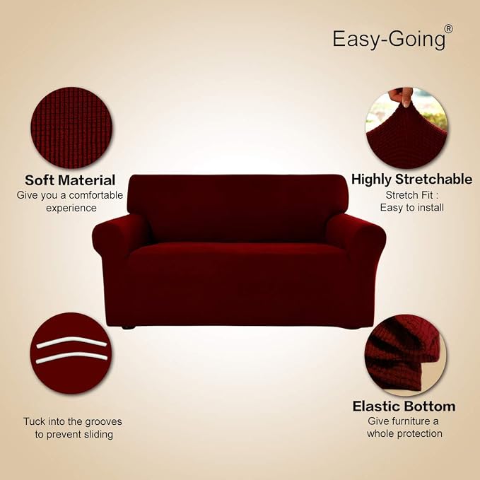 Easy-Going Stretch Loveseat Couch Covers Washable Wine | 1-Piece Loveseat Covers for 2 Cushion Couch Furniture Protector RV Sofa Slipcover Soft with Bottom for Kids Pets - Image 3