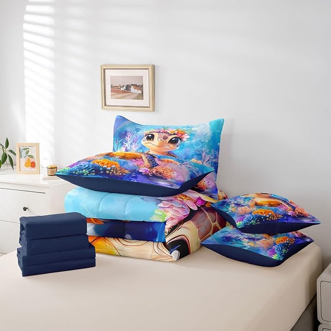 Erosebridal Lovely Turtle King Size 7-Piece Bedding Set for Home, Reptile Tortoise Bed in A Bag, Underwater World Sea Animal Comforter Set with Sheets, Colourful Coral Bedding Comforter Sets - Image 5