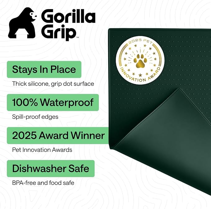 GORILLA GRIP 100% Waterproof Raised Edge BPA Free Silicone Pet Feeding Mat, Dog Cat Food Mats Contain Spills Protects Floors, Placemats for Cats and Dogs Water Bowl, Pets Accessories 26x17 Green - Image 2