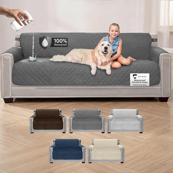 Sofa Shield 100% Waterproof Couch Cover with Patented Straps, Slip & Stain Resistant Furniture Protector, Machine Washable Sofa Slipcover for Dogs Cats Pets Kids, 78 inch Seat, Oversized, Dark Gray by SofaShield