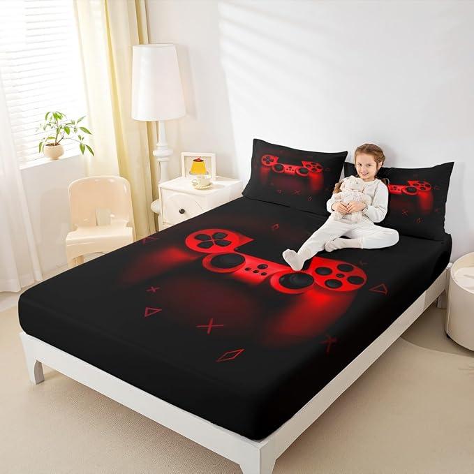 Gamer Bedding Set for Boys - Full Gaming Sheet Set with Red Gamepad Design, Black Cool Retro Gaming Flat Sheet and Pillowcase - Image 4