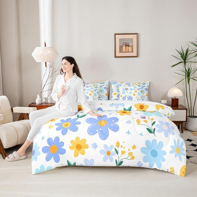 Feelyou Cute Flower 7 Piece Bedding Set King Size Kids Cartoon Cute Floral Bed in a Bag for Girls Teens Blue Yellow Comforter Set with Sheets Kawaii Bed Set - Image 4