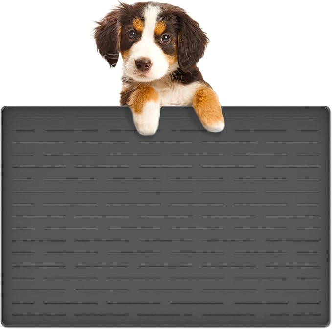 24"x16" Large Dog Food Mat, Silicone Dog and Cat Mats for Food and Water Bowls, Waterproof Raised Edge Pet Feeding Mat for Contain Spills Protects Floors, Multiple Colors & Sizes for Pets, Dark Gray by Goldleaf