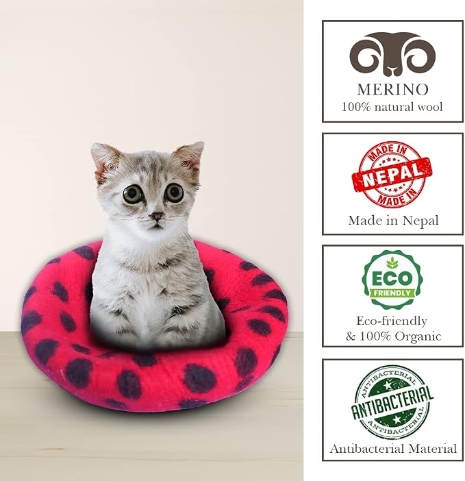 Woolygon Premium Felt Cat Cave Bed – Wool Kitty Beds Handcrafted Kitten Caves Bed for Indoor Cats - Made from Merino Wool, Foldable Cat Hideaway Covered Cat House Pod (Red Polka) - Image 4