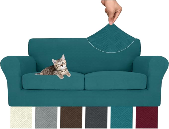 MAXIJIN 3 Piece Couch Covers for 2 Cushion Couch Sofa Cover, Stretch Loveseat Sofa Slipcovers for Sofas with 2 Large Cushions, Thick Dogs Pet Furniture Covers (71"-91", Teal) by MAXIJIN