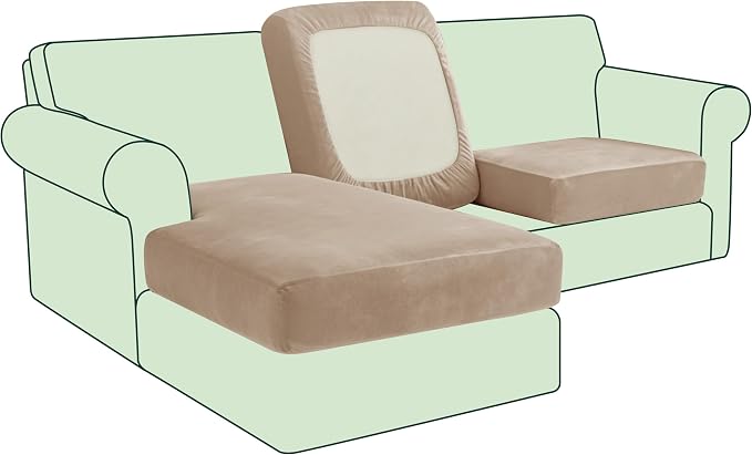 CHUN YI Velvet Couch Cushion Covers, 3 PC Water Resistant Sectional Couch Covers for L Shape Sofa, Individual Seat Cushion Protector for Pets (2 Seater + 1 Chaise, Camel) by CHUNYI