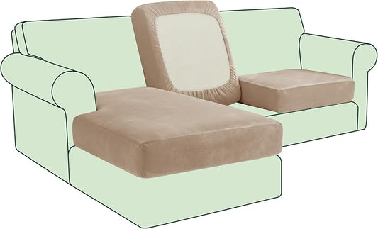 CHUN YI Velvet Couch Cushion Covers, 3 PC Water Resistant Sectional Couch Covers for L Shape Sofa, Individual Seat Cushion Protector for Pets (2 Seater + 1 Chaise, Camel) by CHUNYI