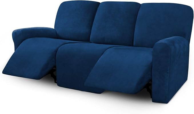 ULTICOR Velvet 8-Pieces Recliner Sofa Covers Stretch Reclining Couch Covers for 3 Cushion Reclining Sofa Slipcovers Furniture Covers Thick Soft Washable (3 Seater Recliner Cover, Navy) by ULTICOR