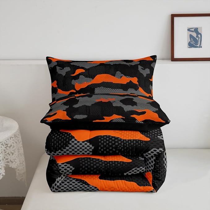 Erosebridal Army Camouflage Comforter Set King Size Teens Adult Camo Bedding Set for Kids Boys Girls Colorful Pattern Decor Down Comforter Orange Black Grey Duvet Set Geometric Pattern Quilt Set - Image 6