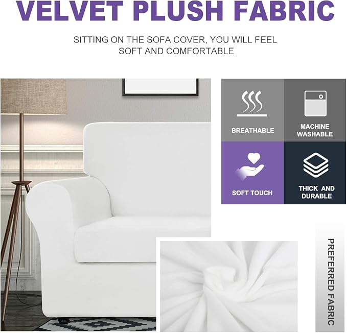 ZNSAYOTX Oversized Velvet Couch Cover 4 Piece (92"-115") Stretch Sofa Covers for 3 Cushion Couch Thick Soft XL-Slipcover with Non Slip Strap, Dog Pet Friendly Nice Furniture Protector (White) - Image 3