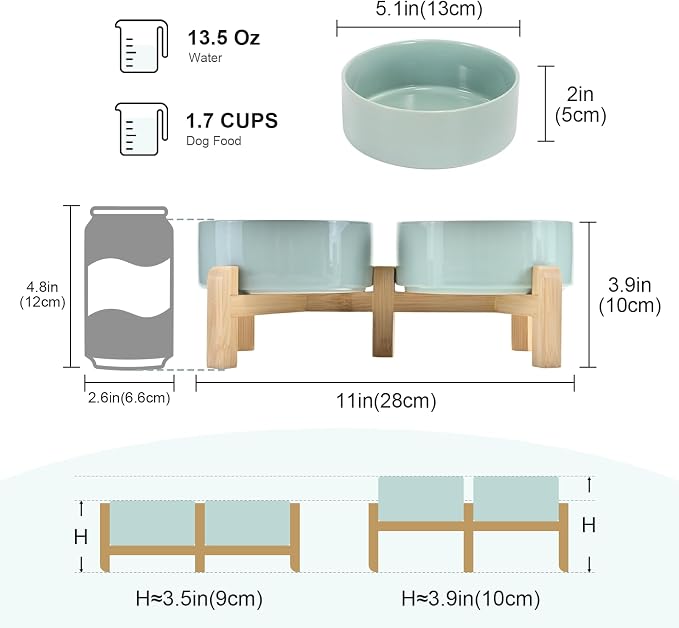 SPUNKYJUNKY Elevated Dog Bowls Ceramic, 5.1'' Dogs and Cat Food Water Bowls Raised with Non-Slip Bamboo Stand for Puppy Small Sized Breed Microwave Dishwasher Safe - 13.5 OZ,Light Green - Image 2