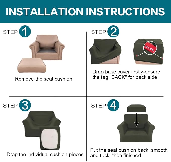 Turquoize 2 Piece Chair Covers Armchair Slipcovers for Living Room Armchair Sofa Cover with Individual Cushion Covers Feature Jacquard Fabric (Chair, Olive) - Image 6