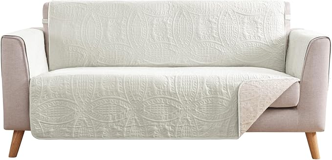 Stay in Place Ivory White Quilted Loveseat Couch Cover for 2 Cushion Couch, Water Repellent Love Seat Quilted Sofa Covers Washable, Pet Friendly Slipcovers (Loveseat 48", Ivory White) by Pamhaven