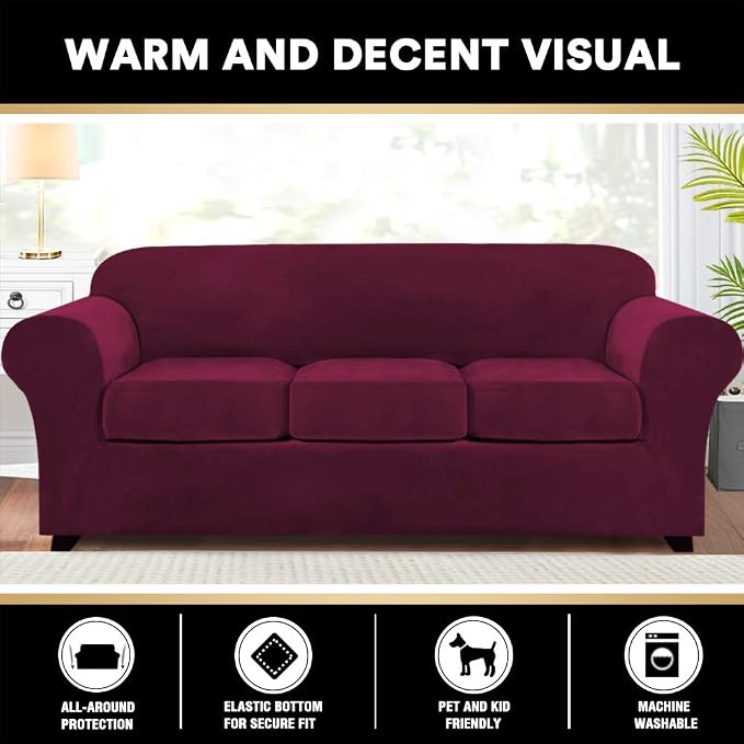 PrinceDeco Velvet Couch Covers for Sofa Soft 4 Pieces Couch Covers for 3 Cushion Couch Sofa Pet Friendly Furniture Protector with Non Slip Elastic Bottom Width Up to 90 Inch(Large, Burgundy) - Image 6