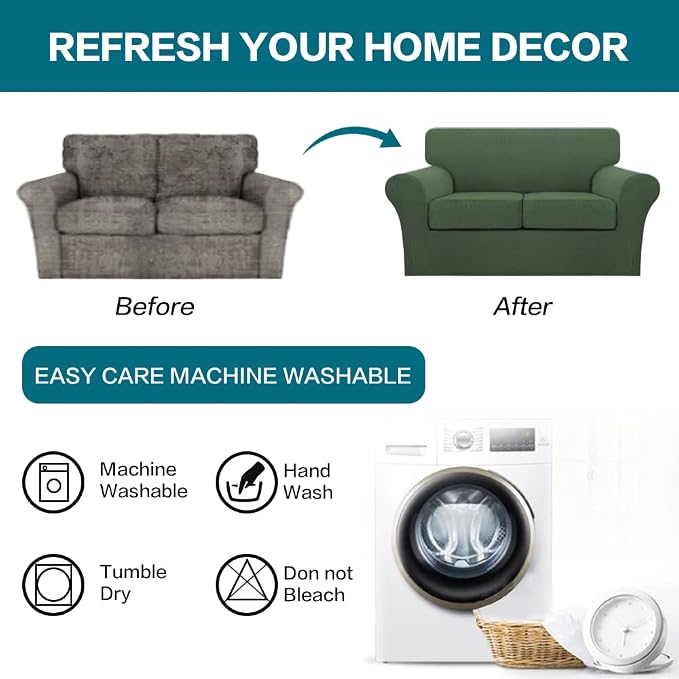 Turquoize 3 Piece Sofa Covers for 2 Cushion Couch Sofa Slipcover Soft Couch Cover for Dogs-Washable Sofa Furniture Covers with 2 Individual Cushion Covers, Feature Fabric (2 Cushion Sofa,Bronze Green) - Image 7