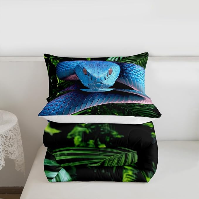Erosebridal Snake Comforter Set Queen, Blue Snake Duvet Set, 3D Reptile Bedding Comforters, Blue Scales Quilt Set, Palm Leaf Wild Animal Stylish Quilted Duvet for Kids Boys Teens Man Bedroom Decor - Image 7