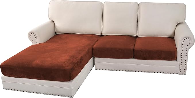 H.VERSAILTEX Velvet Stretch Sectional Couch Covers 3 Pieces Sofa Seat Cushion Covers L Shape Separate Cushion Couch Cover for Both Left/Right Sectional Couch (Large Sofa 2 Seater + 1 Chaise, Rust) by HVERSAILTEX