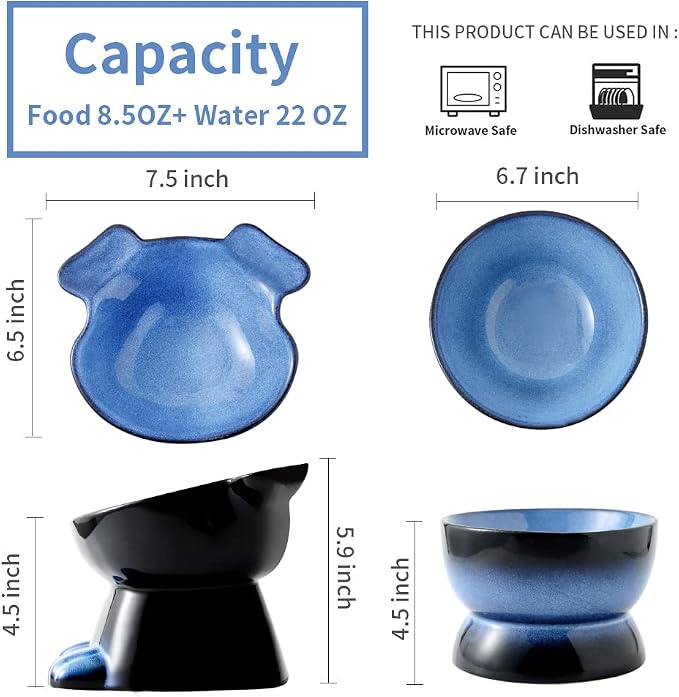 Nihow Dog Food & Water Bowls: Elevated Ceramic Bowls for Medium/Small Dog | Food Safe Raised Puppy Bowls - Vivid Blue Pet Bowl for Protecting Pet's Spine (Set of 2) - Image 2