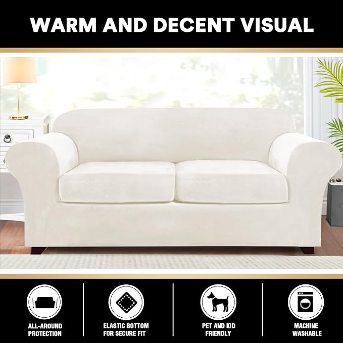 PrinceDeco Velvet Couch Covers for Sofa Soft 4 Pieces Couch Covers for 3 Cushion Couch Sofa Pet Friendly Furniture Protector with Non Slip Elastic Bottom Width Up to 90 Inch (Medium-Large, Porcelain) - Image 3