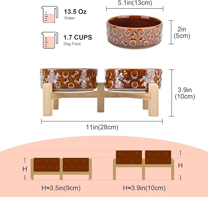 SPUNKYJUNKY Elevated Dog Bowls Ceramic, 5.1'' Dogs and Cat Food Water Bowls Raised with Non-Slip Bamboo Stand for Puppy Small Sized Breed Microwave Dishwasher Safe - 13.5 OZ,Skull Bronze - Image 2