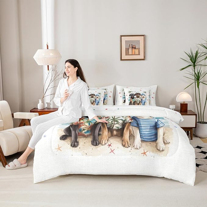 Erosebridal Summer Beach King Size Comforter Set with Sheets, Kawaii Dogs Bed in A Bag, Sea Beach 7 Pcs Bedding Set for Kids Boys Teens Girls Women Men Bedroom, Floral Starfish Coconut Tree Bed Sets - Image 6