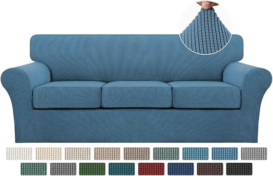 Turquoize 4 Piece Sofa Covers For 3 Cushion Couch Sofa Slipcover Soft Couch Cover For Dogs-Washable Sofa Furniture Covers With 3 Individual Cushion Covers, Jacquard Fabric (3 Cushion Sofa, Dusty Blue) by Turquoize
