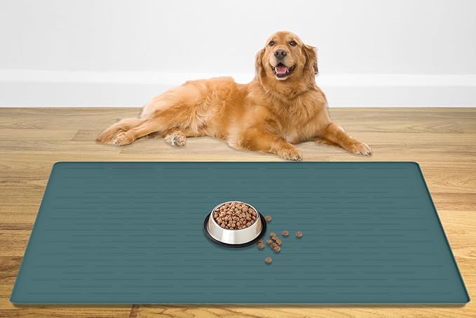 48" x 32" Largest Pet Food Mat, XXXL Silicone Dog Mats for Food and Water, Nonslip Pet Feeding Mats for Floors,Dog Cat Bowl Mat with Raised Edges, Dark Green by WelcometoULTIBE