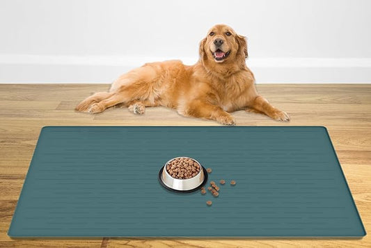 48" x 32" Largest Pet Food Mat, XXXL Silicone Dog Mats for Food and Water, Nonslip Pet Feeding Mats for Floors,Dog Cat Bowl Mat with Raised Edges, Dark Green by WelcometoULTIBE