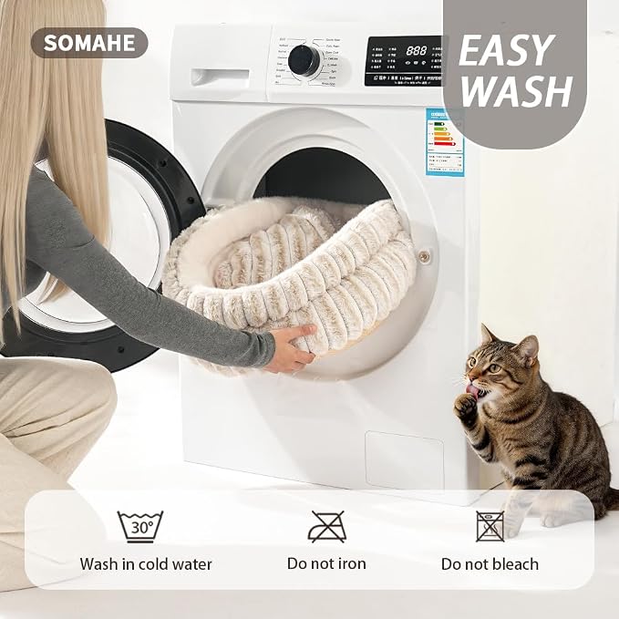 SOMAHE Cat Bed, Round Plush Faux Fur Donut Cuddler – Machine Washable Calming Cat Bed for Indoor Cats & Kittens, Removable Cushion Non-Slip Fluffy Kitten Bed, Cozy Small Cat Nest, 20" Inch White - Image 9