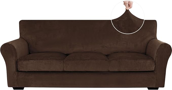 XINEAGE 4-Piece Velvet Sofa Cover,Couch Covers for Dog,Dark Coffee | 3 Cushion Sofa,Stretch Non-slip Elastic, Pet-friendly, Washable, Fast Setup, Soft Plush Fabric, Furniture Protector. by XINEAGE