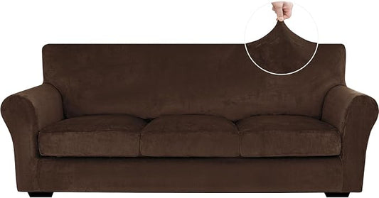 XINEAGE 4-Piece Velvet Sofa Cover,Couch Covers for Dog,Dark Coffee | 3 Cushion Sofa,Stretch Non-slip Elastic, Pet-friendly, Washable, Fast Setup, Soft Plush Fabric, Furniture Protector. by XINEAGE