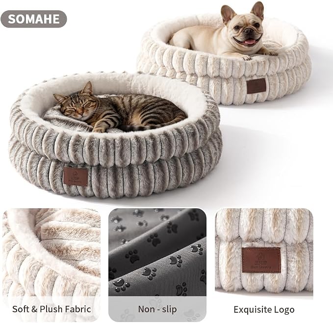 SOMAHE Cat Bed, Round Plush Faux Fur Donut Cuddler – Machine Washable Calming Cat Bed for Indoor Cats & Kittens, Removable Cushion Non-Slip Fluffy Kitten Bed, Cozy Small Cat Nest, 20" Inch White - Image 6