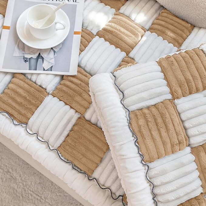 Fuzzy Chic Cotton Protective Couch Cover,Machine Washable & Non-Slip Pet Mat Bed Couch Cover,Garden Sofa Cover Cream-Coloured Plaid Pet Mat for Most Cats Dogs,Pets (light coffee, 23.6*70.9inch) - Image 6