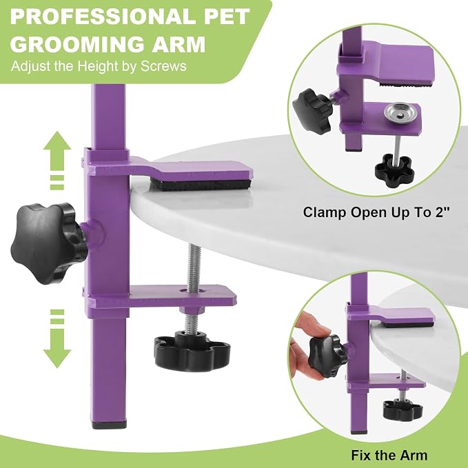 Home Dog Grooming Table Arm with Hammock 35" Height Adjustable Dog Grooming Arm with Clamp No-Sit Haunch Holders Durable Purple(Grooming Table Not Included) - Image 4