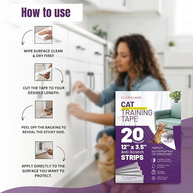 CLAWGUARD Cat Training Tape Strips – 20 Pre-Cut Double-Sided Anti Scratch Shields (12x3.5 in) – Cat Scratch Furniture Protector for Sofa & Surfaces - Image 3