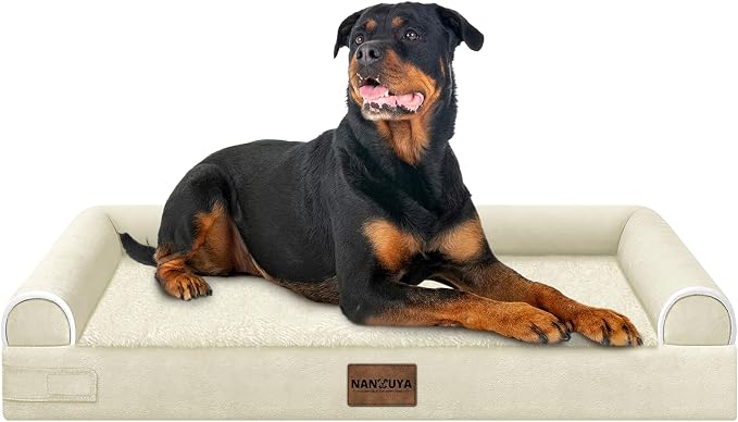 NANUYA Orthopedic Dog Bed for XX-Large Dogs, 44 x 34 Inch, Beige | Egg crate foam for joint support, 3-sided bolster pet sofa, waterproof lining, washable cover, and non-skid base by Nanuya